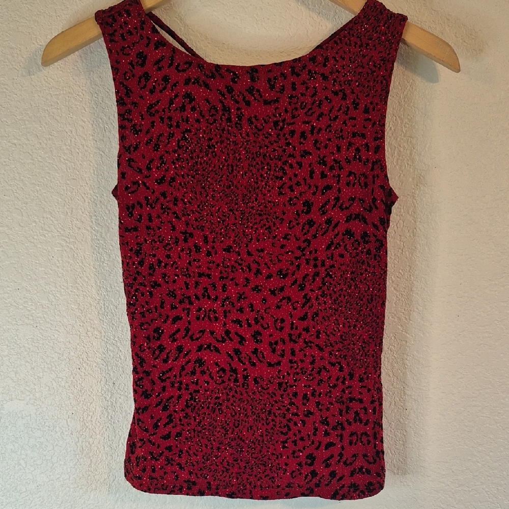 VTG A. Byer SPARKLE Ruby Red & Black Cheetah Fitted Sleeveless Tank Top Medium